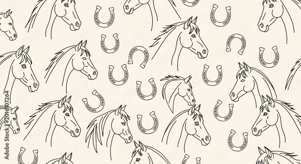 Fototapeta premium seamless pattern of horse heads and horseshoes in outline drawing style on a beige background