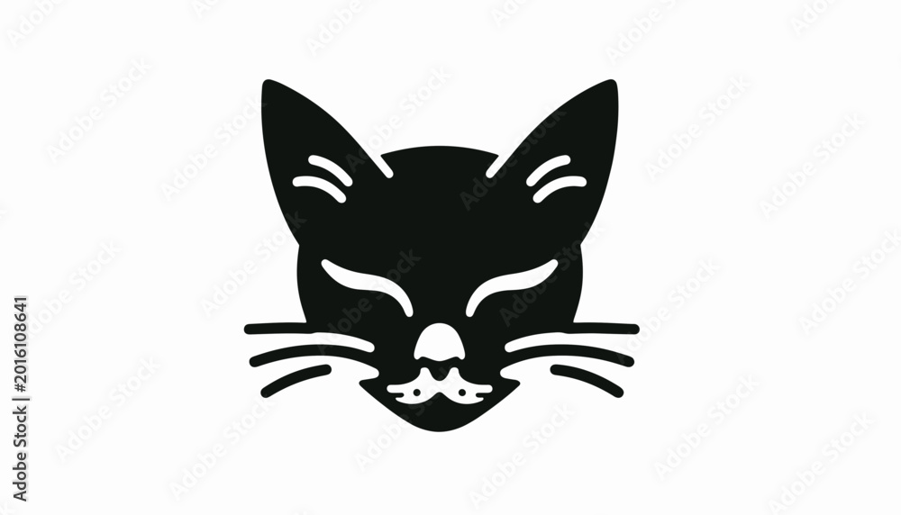 Fototapeta premium Black cat face silhouette with closed eyes and whiskers.