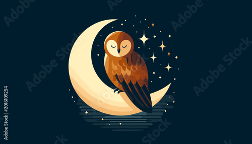 An owl perched on a crescent moon under a starry night sky.