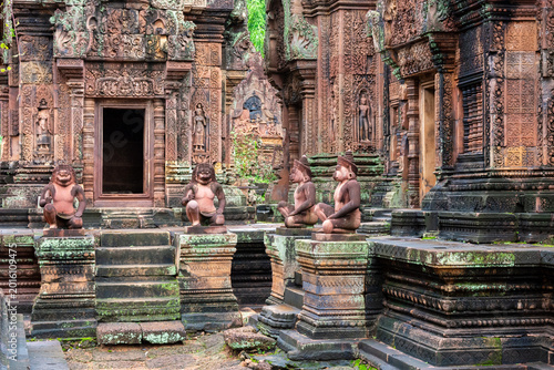 Photography Pink sandstone sanctuaries and monkey guardians at Banteay Srei, Angkor