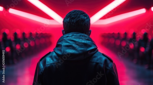 This intriguing image features a silhouette of a figure surrounded by vibrant red lights, evoking a sense of mystery, futurism, and the exploration of human identity in a digital age.