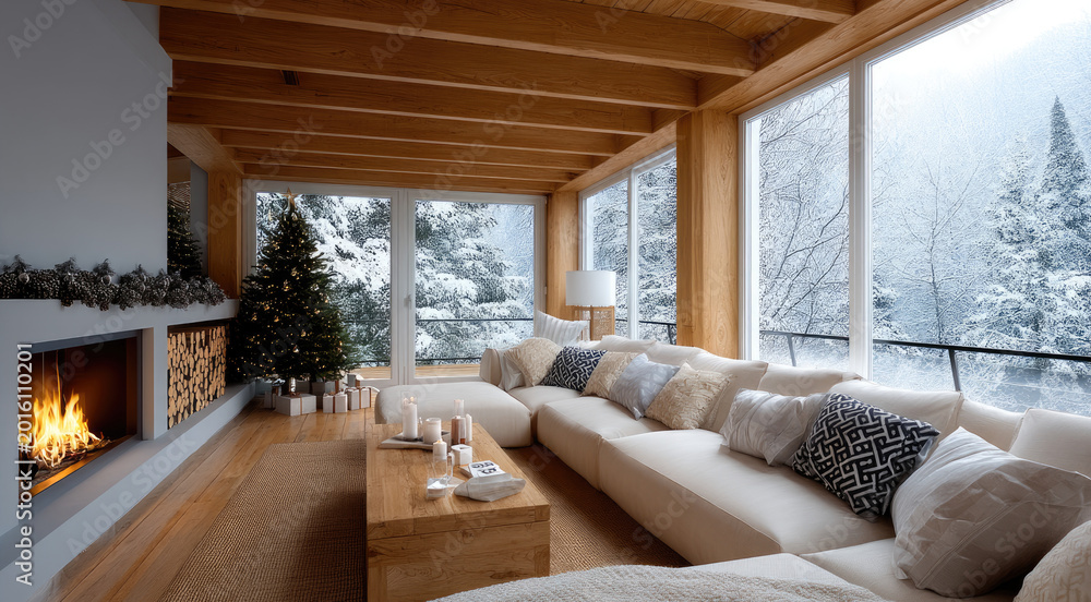 Fototapeta premium Cozy modern living room with large windows, wooden ceiling, fireplace, white sofa, winter forest view, holiday decor, warm atmosphere