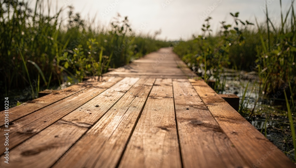 Fototapeta premium Wooden boardwalk trail elevated over marshy ground medium shot focusing on the natural wood grain with softfocus greenery framing the scene.