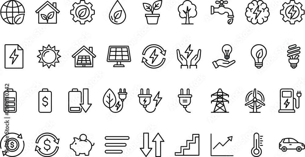 Fototapeta premium Renewable energy and sustainability line icon set with solar power green technology eco home and electric solutions