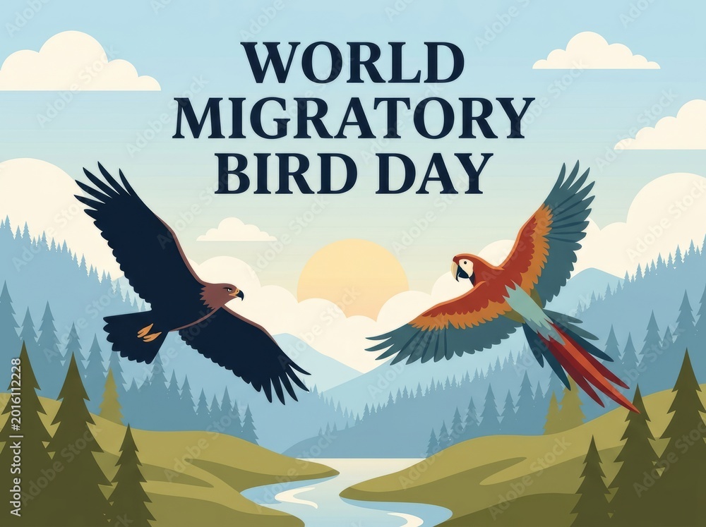 Naklejka premium World Migratory Bird Day Celebration Banner with Flying Birds.