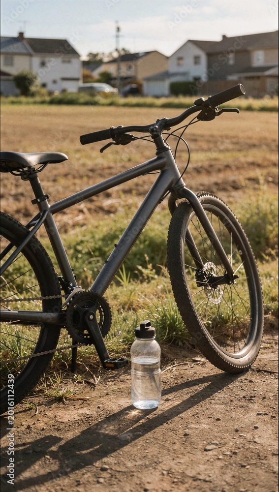 Fototapeta premium Robust mountain bike with water bottle in golden hour agricultural field for adventure travel and outdoor fitness exploration concept