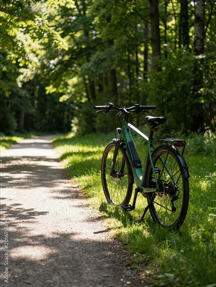 Fototapeta premium Green electric bicycle parked on sunlit forest path for eco friendly tourism nature adventure and modern mobility concept