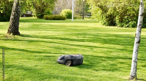фотографія The lawnmower robot mows the grass in the garden.