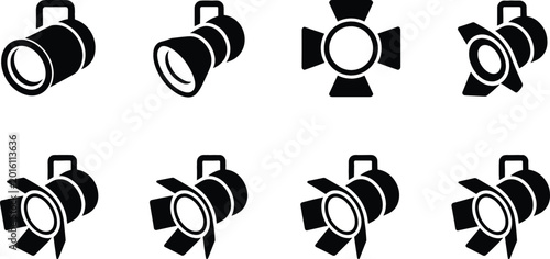 Принти на полотні Professional stage spotlight icon set featuring various studio lighting equipment silhouettes for theater, cinema, concerts, and event production design in a clean black vector style