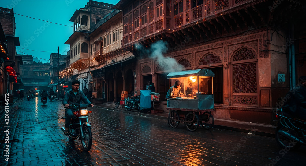 Obraz premium Street food vendor steaming dumplings in historic urban alley at dusk