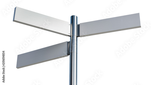 Photos Four blank metal signposts pointing in different directions, isolated on transpa