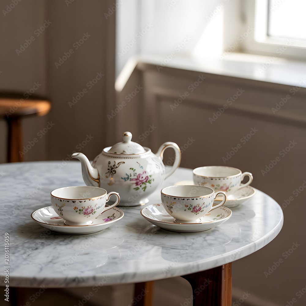 Fototapeta premium Teapot sits on a marble table alongside two matching teacups in a bright, sunlit morning room setting.
