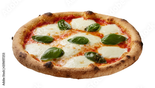 Foto Neapolitan pizza with melted mozzarella tomato sauce and fresh basil leaves, iso