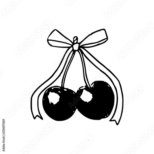 cute pair of cherries with ribbon bow illustration