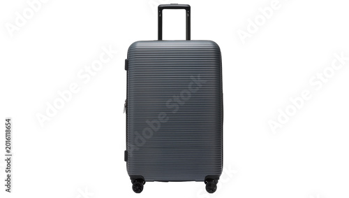 Foto Dark gray ribbed hard-shell suitcase with telescopic handle and wheels, isolated