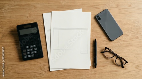 Calculator and Paperwork on Wooden Table Work Mockup