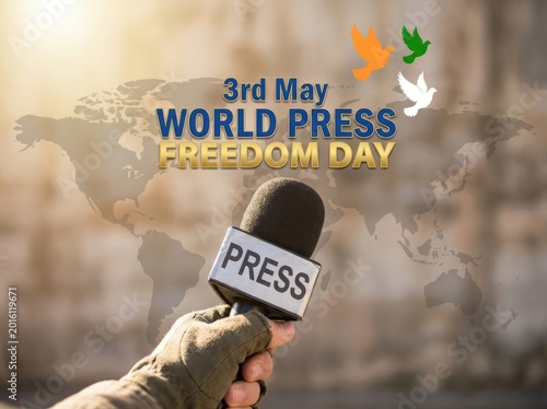 World Press Freedom Day microphone and dove symbols for journalism.