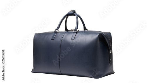 Vászonkép Dark blue textured leather duffel bag with silver hardware, isolated on transpar