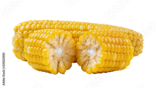 Tableau sur toile Two halves of a ripe yellow corn cob with visible kernels, isolated on transpare