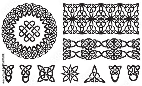 Medieval Celtic knot tattoo set. Celtic, Irish knots ornament. Celtic symbols, endless knot shape icon, infinite spirit unity symbol, pagan circle tribal symbols graphics