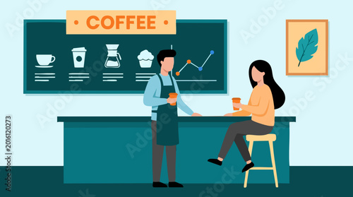Tableau sur toile Coffee shop scene with barista serving customer, flat design illustration