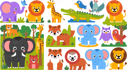 Canvas Print Cute Colorful Jungle Safari Animal Collection with Elephant Tiger Giraffe Lion C