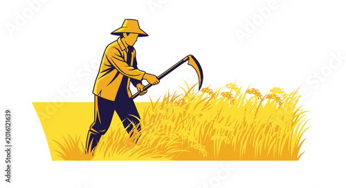 Foto Farmer harvesting rice with a scythe in a golden field.