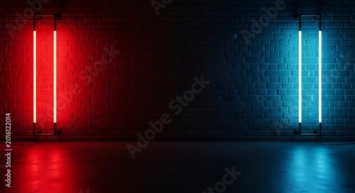 Abstract futuristic background with vibrant red and blue neon lights reflecting on a dark textured surface