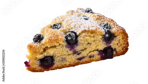 Obraz na plátne Golden blueberry scone dusted with powdered sugar, isolated on transparent backg