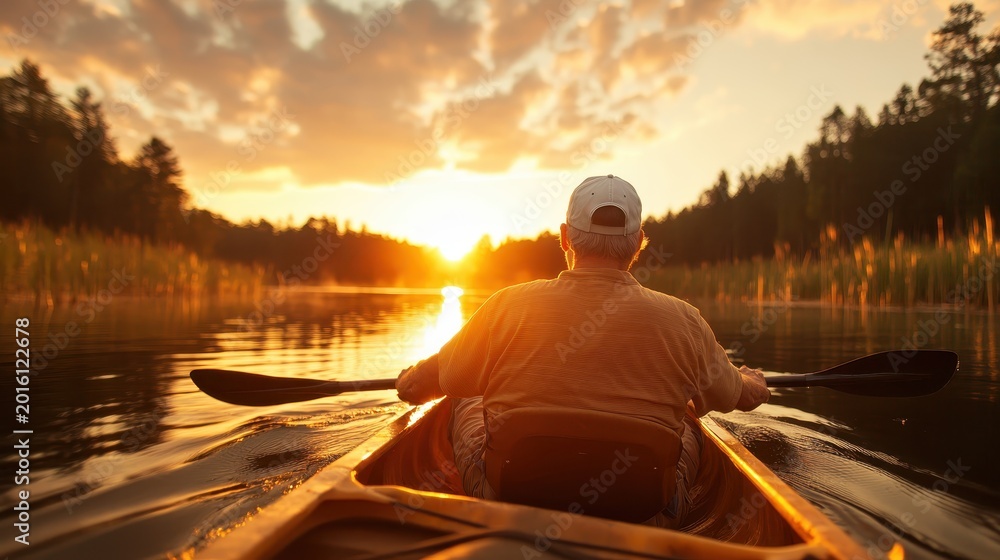 Fototapeta premium A serene image of a lone kayaker gliding across calm waters at sunset, reflecting the tranquility of nature and the peaceful solitude of outdoor adventure.