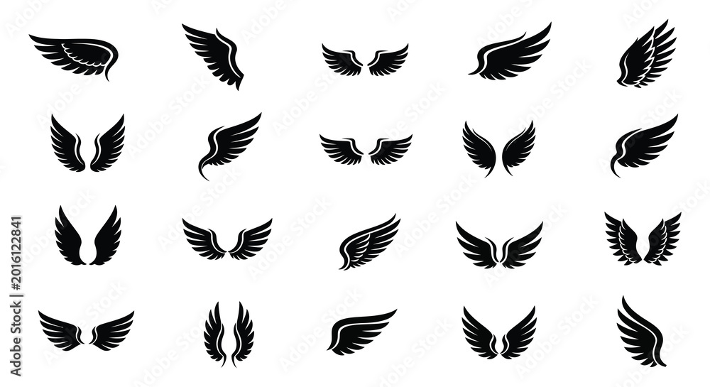 Obraz premium Collection of black wing silhouettes on a white background
