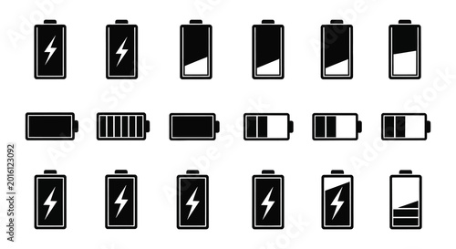 Foto battery icons set black and white various charge levels