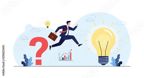 Entrepreneur jumps over large red question mark towards giant glowing lightbulb representing overcoming business obstacles with innovation.