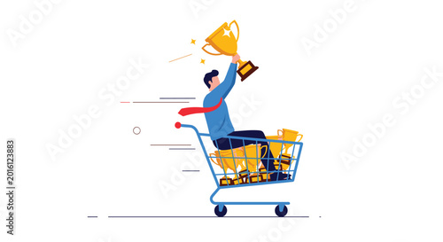 Excited businessman riding fast in shopping cart filled with golden trophies symbolizing rapid success and multiple business achievements.