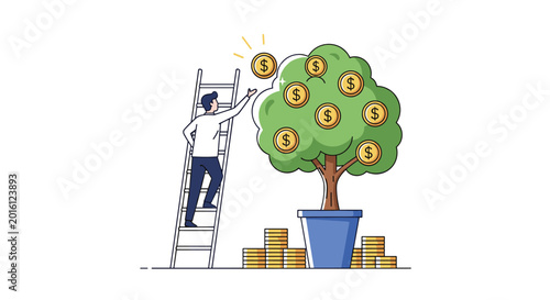 Successful man climbing ladder to pick gold coins from money tree growing in pot illustrating wealth growth and financial investment.