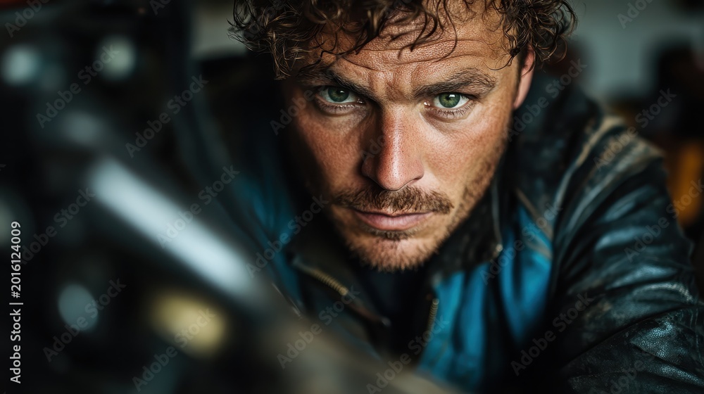 Fototapeta premium A dedicated mechanic intently repairs machinery in his workshop, showcasing meticulous attention to detail and a passion for his craft within a creative environment.