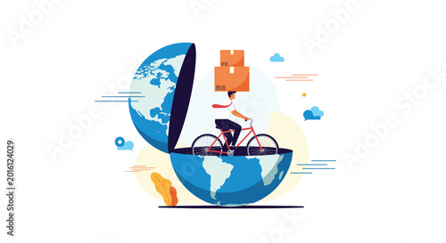 Delivery man on bicycle carrying boxes inside opened world globe representing international shipping and global logistics services.