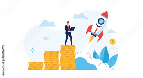 Ambitious entrepreneur works on a laptop atop stacks of coins as a rocket launches into the sky.