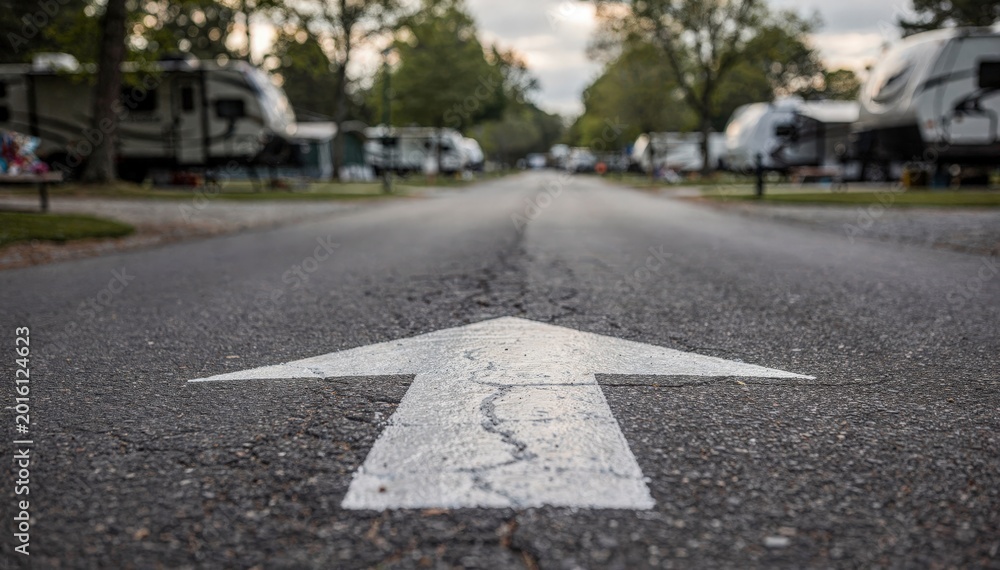 Obraz premium Medium shot capturing a oneway arrow sign on a paved campground road with the arrow sharply detailed and the surrounding camping spots out of focus.