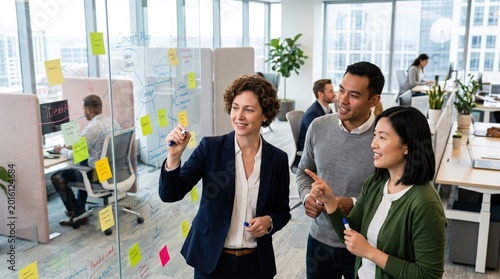 Diverse business team collaborating on project ideas in a modern office environment