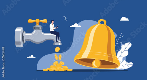 Passive income and financial alerts illustration depicts a man sitting on a faucet with gold coins flowing into a pile.