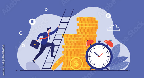 Focused investor climbs ladder next to stacks of gold coins and large alarm clock representing time management and retirement planning.
