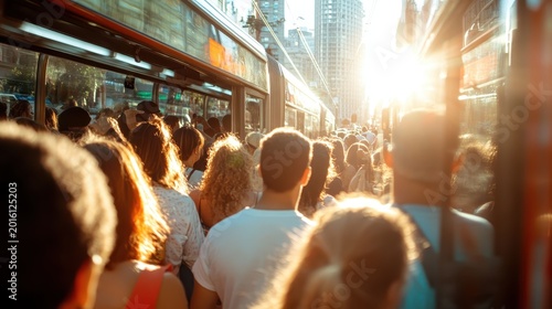 A bustling urban setting filled with diverse individuals and groups, capturing the essence of city life and connectivity during a picturesque sunset moment.