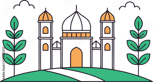 Tableau sur toile Minimalist architectural mosque with green landscaping and ornamental towers
