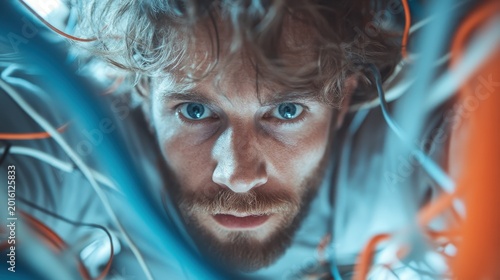 An engineer immersed in wires and circuits, symbolizing the complexity of technology and innovation in the modern era while exploring the intersection of creativity and science.