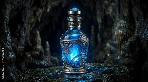 Mystical glowing potion bottle in dark enchanted cave setting