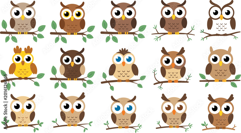 Fototapeta premium Cute Brown Cartoon Owl Collection Sitting on Green Leaf Branch with Big Eyes in Various Shades Vector Set