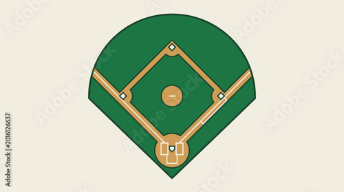 Fotografi Minimalist Top-Down Illustration of a Baseball Field Diamond with Green Grass an