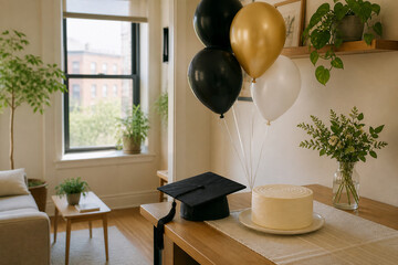 Tiny apartment graduation party setup
