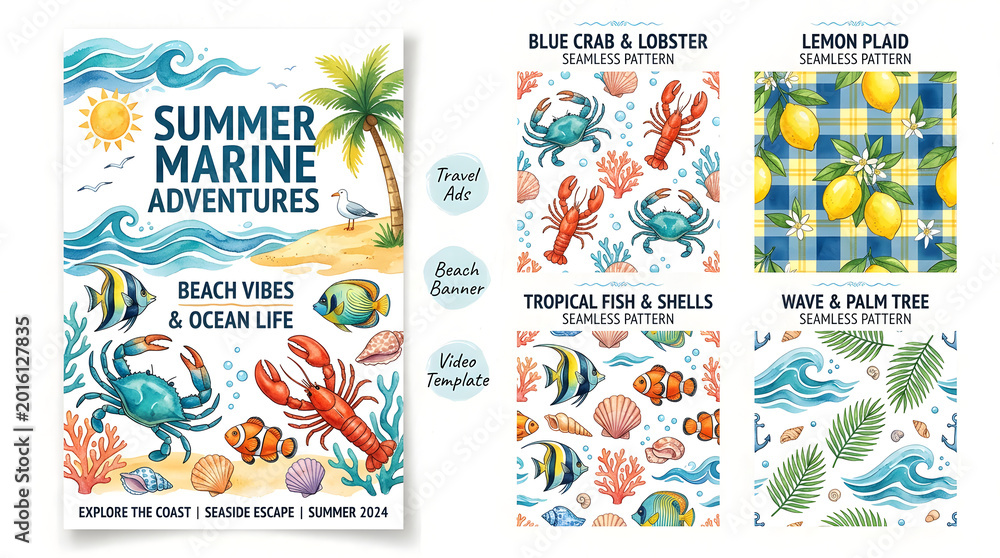 Fototapeta premium Marine Summer Adventures: A vibrant, watercolor-style illustration of a summer marine adventure, depicting tropical fish, seashells, and ocean life.